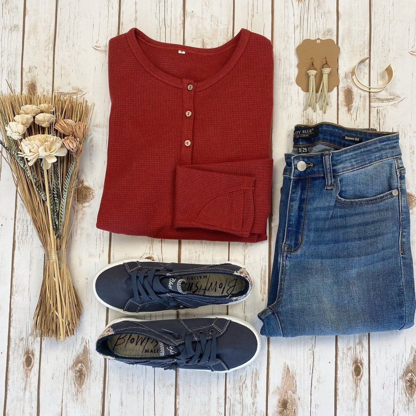 Rust Henley Shirt Women Long Sleeve with Thumb Holes