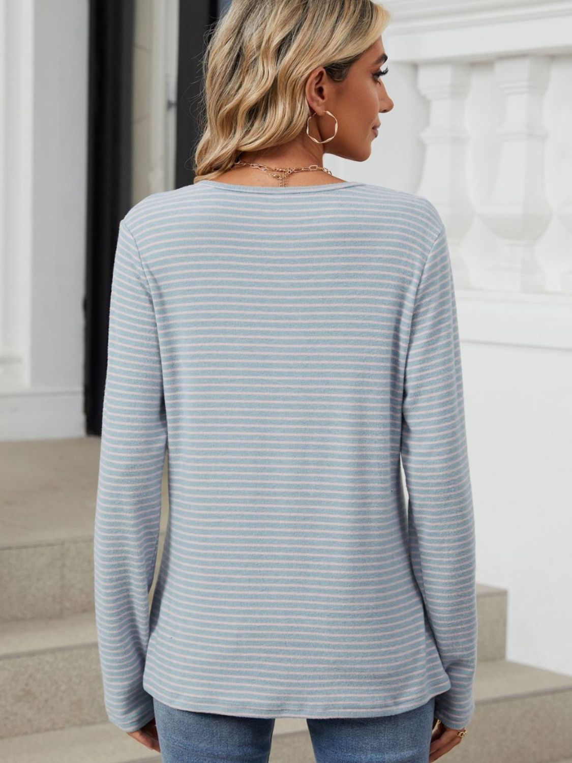 Striped Half Button Long Sleeve T-Shirt