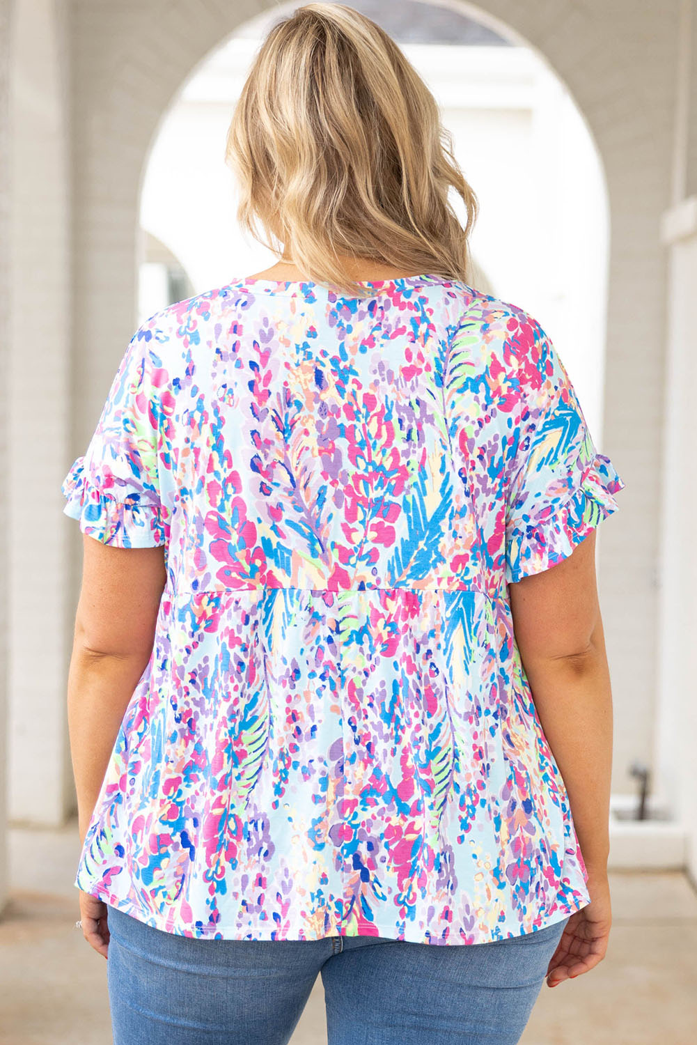 Abstract Print Frill Short Sleeve Plus Size Top