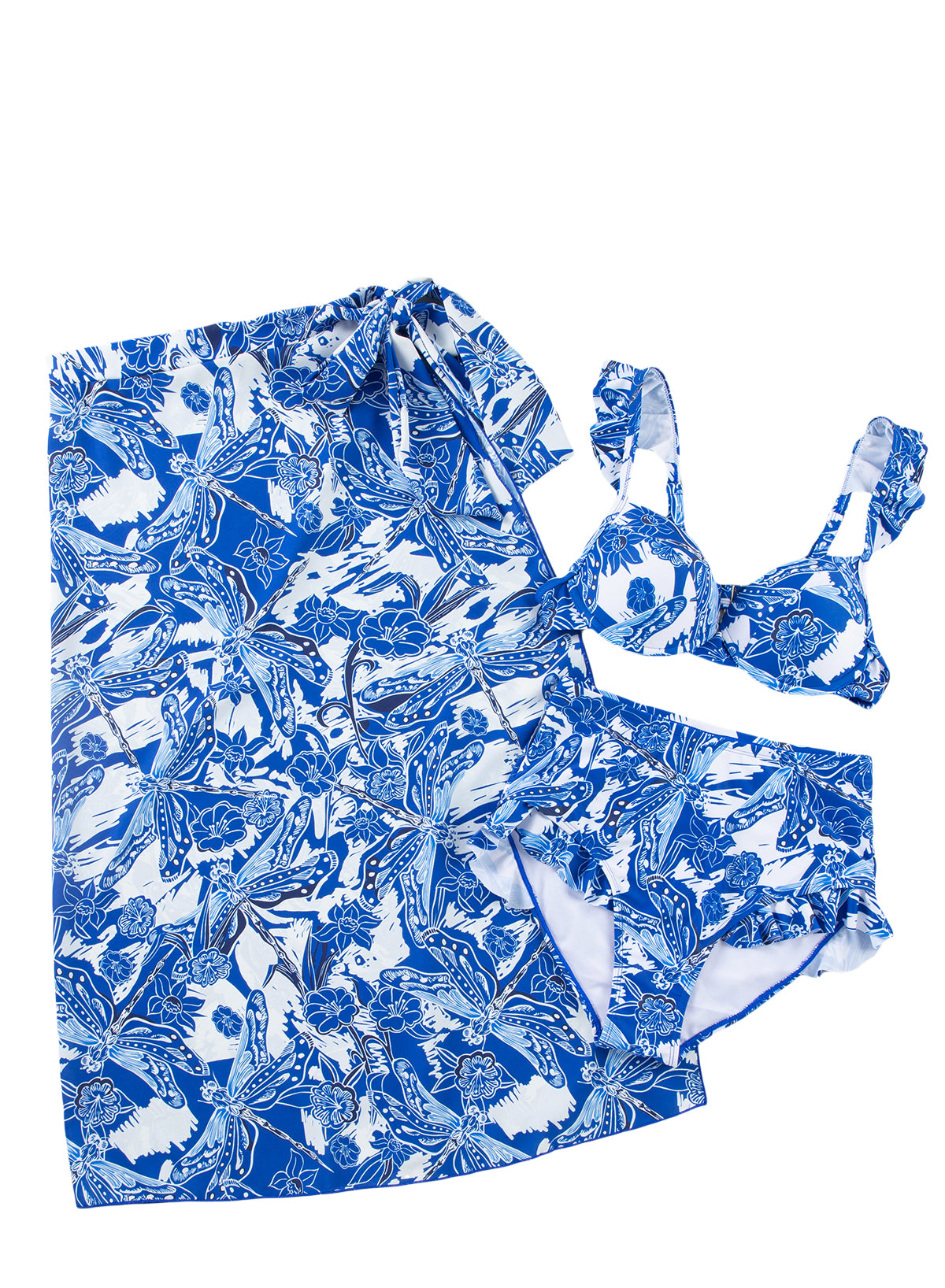 Blue 3pcs Flower Print Ruffled Bikini Set with Cover Up Skirt