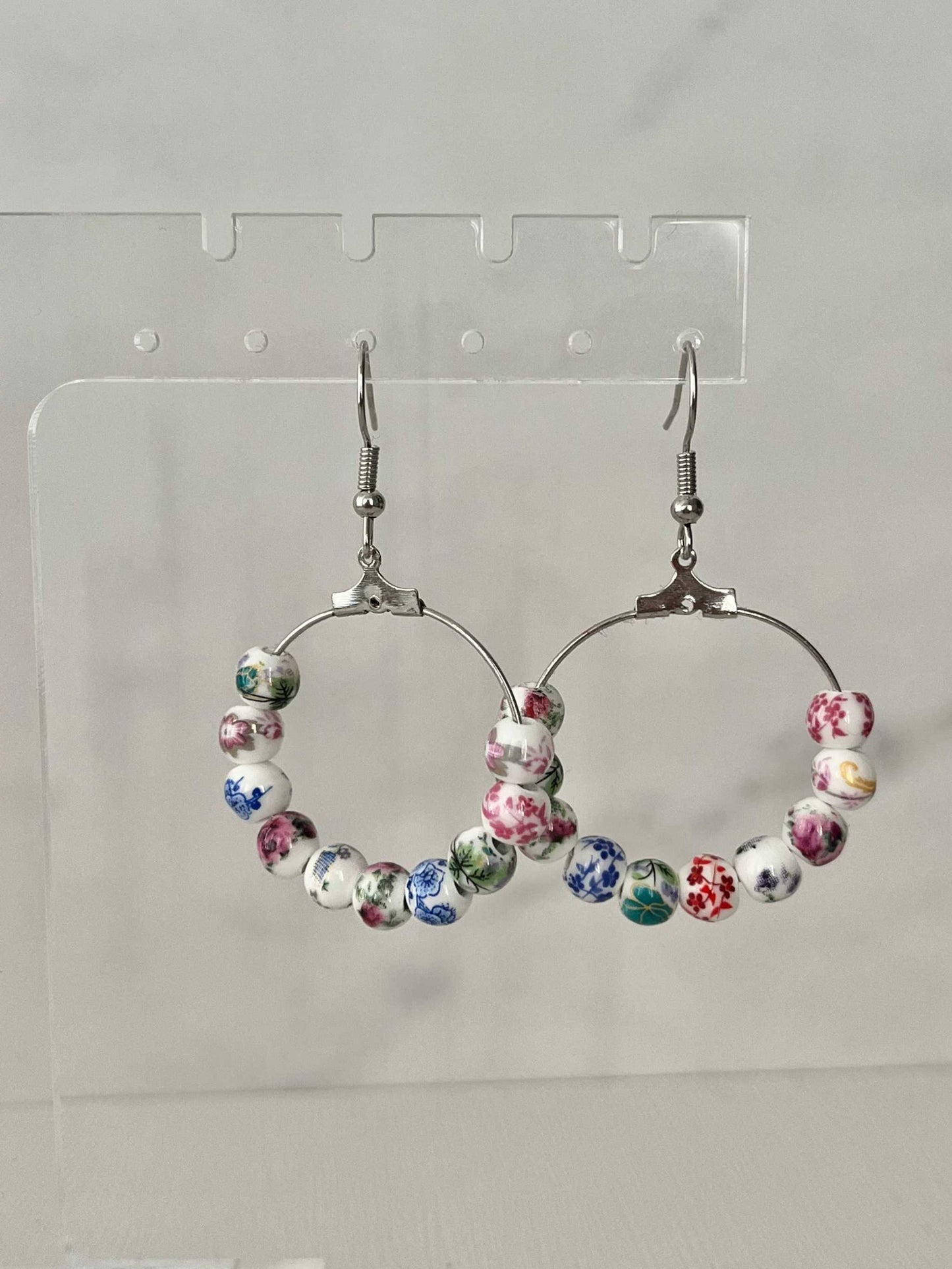 Floral Hoop Earrings – Multicolored Beaded Silver Jewelry
