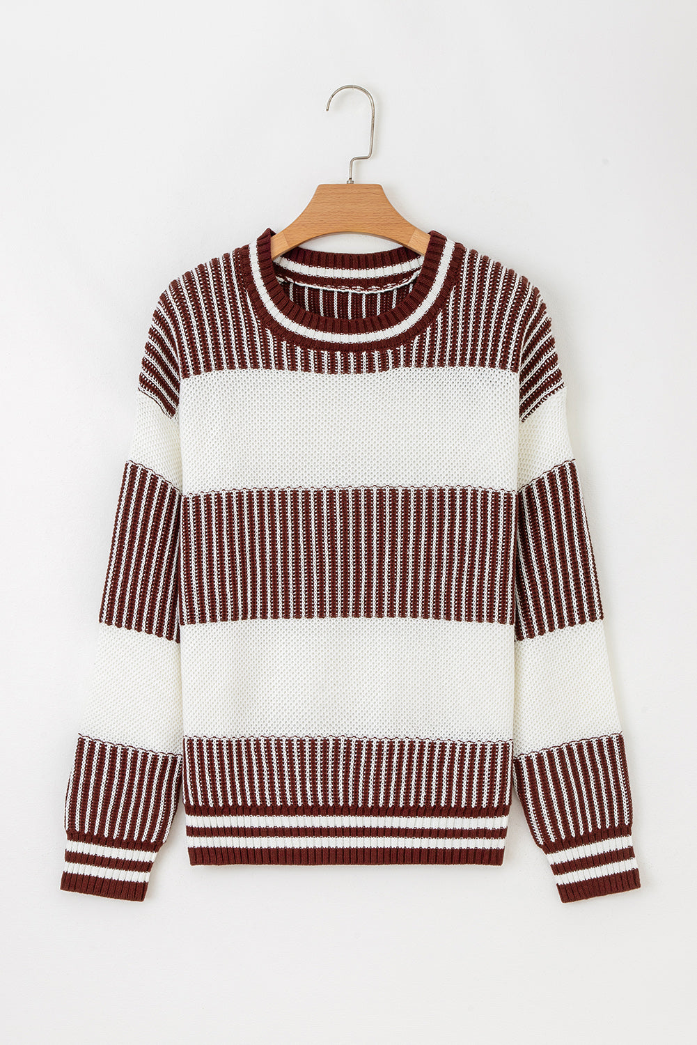 Light Blue Two Tone Striped Patchwork Drop Shoulder Sweater
