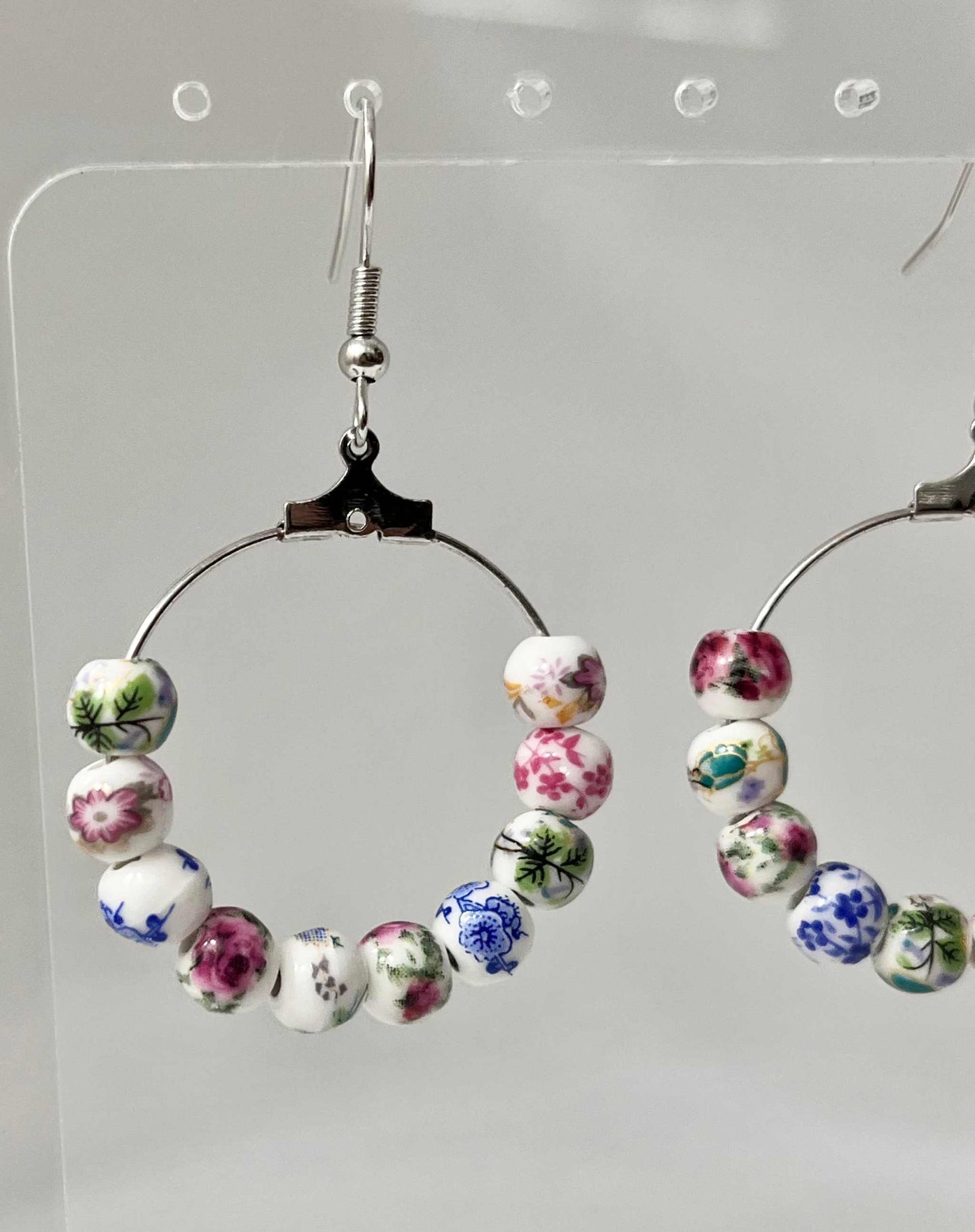 Floral Hoop Earrings – Multicolored Beaded Silver Jewelry