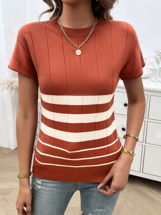 Striped Round Neck Short Sleeve Knit Top