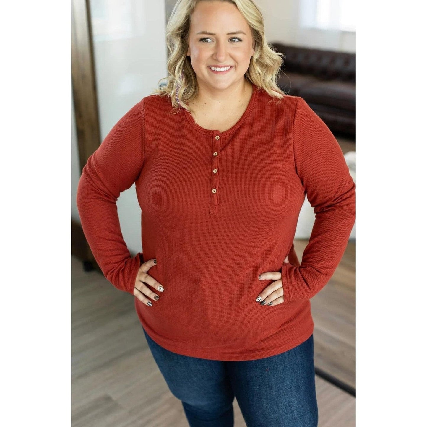 Rust Henley Shirt Women Long Sleeve with Thumb Holes