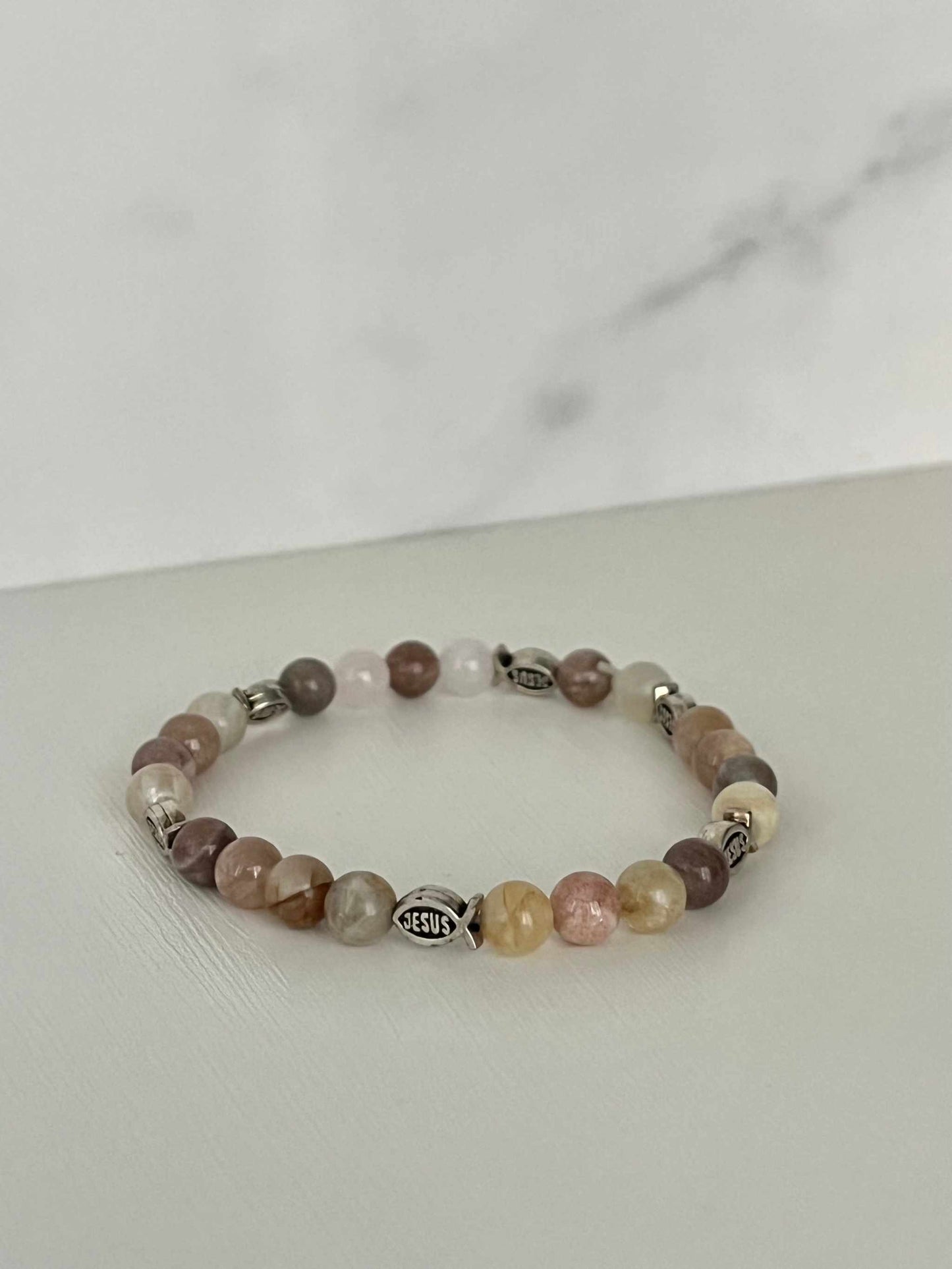 Bead Bracelet – Beige Rose Jesus Fish Faith Jewelry