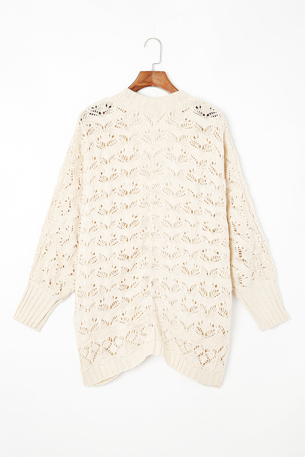 Beige Plus Size Hollowed Open Front Ribbed Trim Cardigan