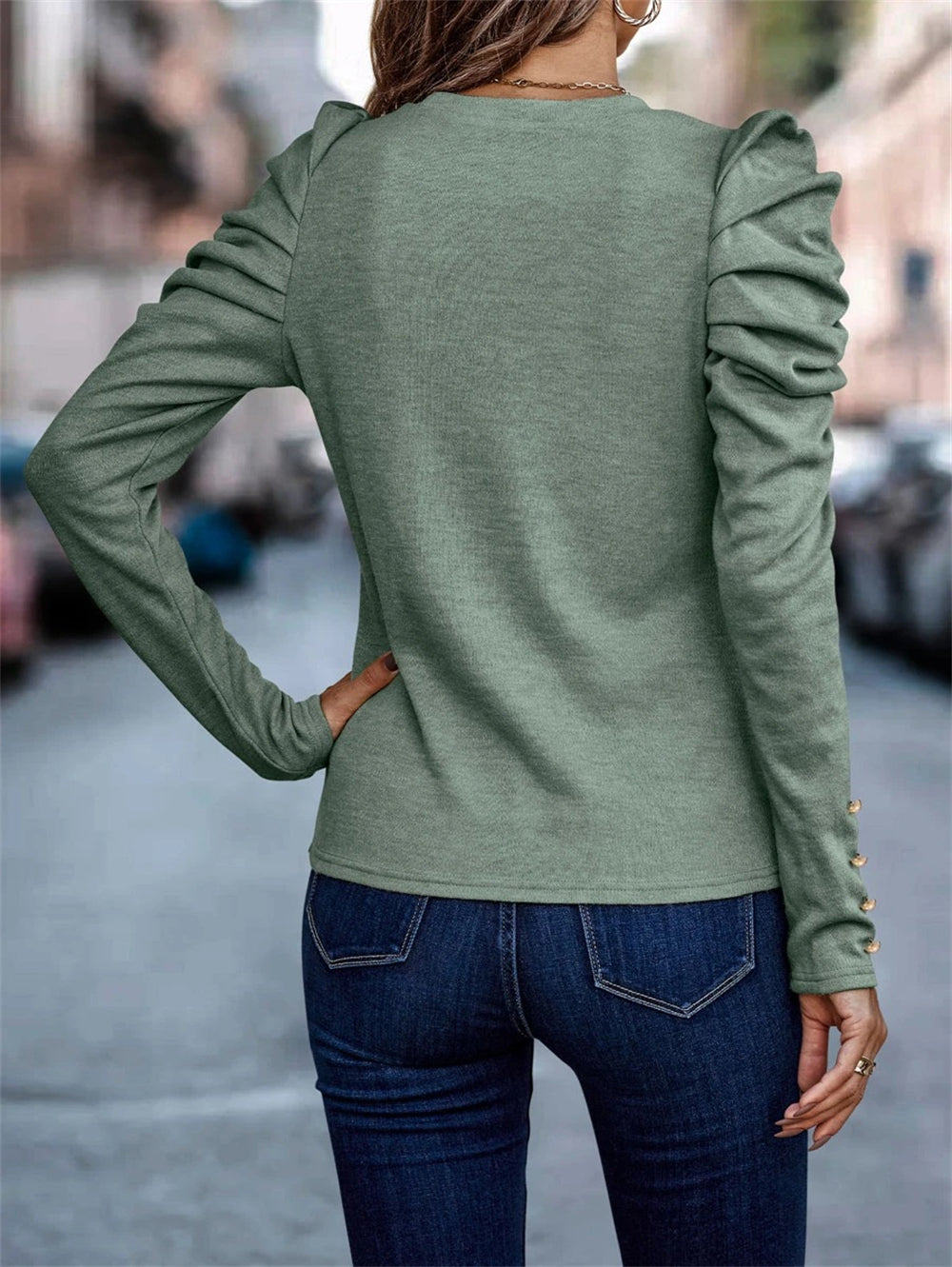 Ruched Long Sleeve Top with Button Detail