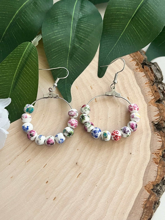 Floral Hoop Earrings – Multicolored Beaded Silver Jewelry