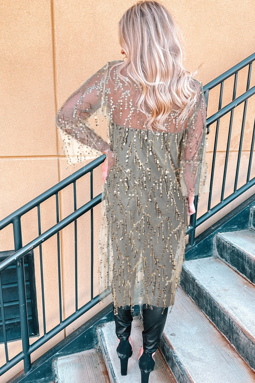 Black Sequin Sheer Casual Open Front Cover Up