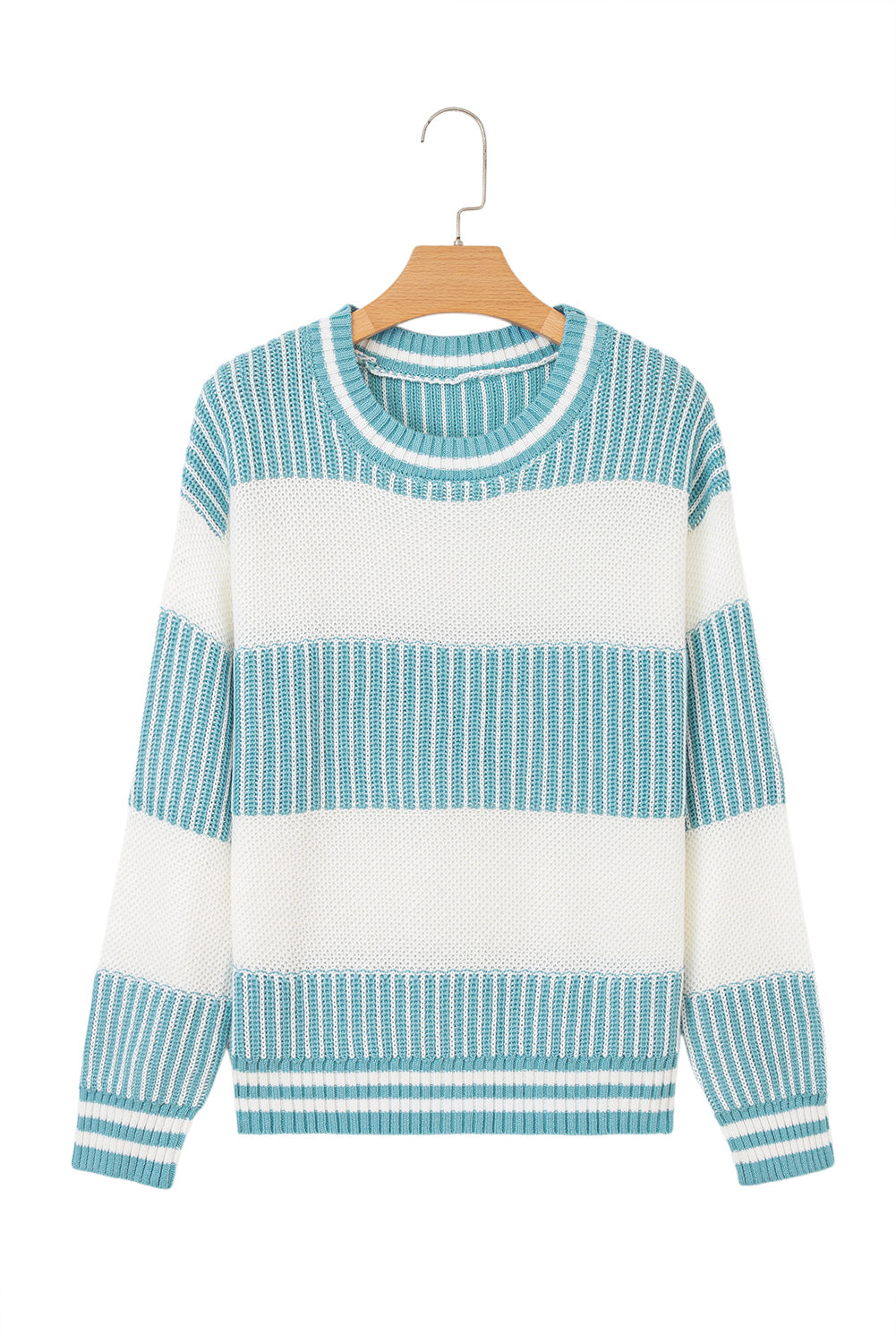 Light Blue Two Tone Striped Patchwork Drop Shoulder Sweater