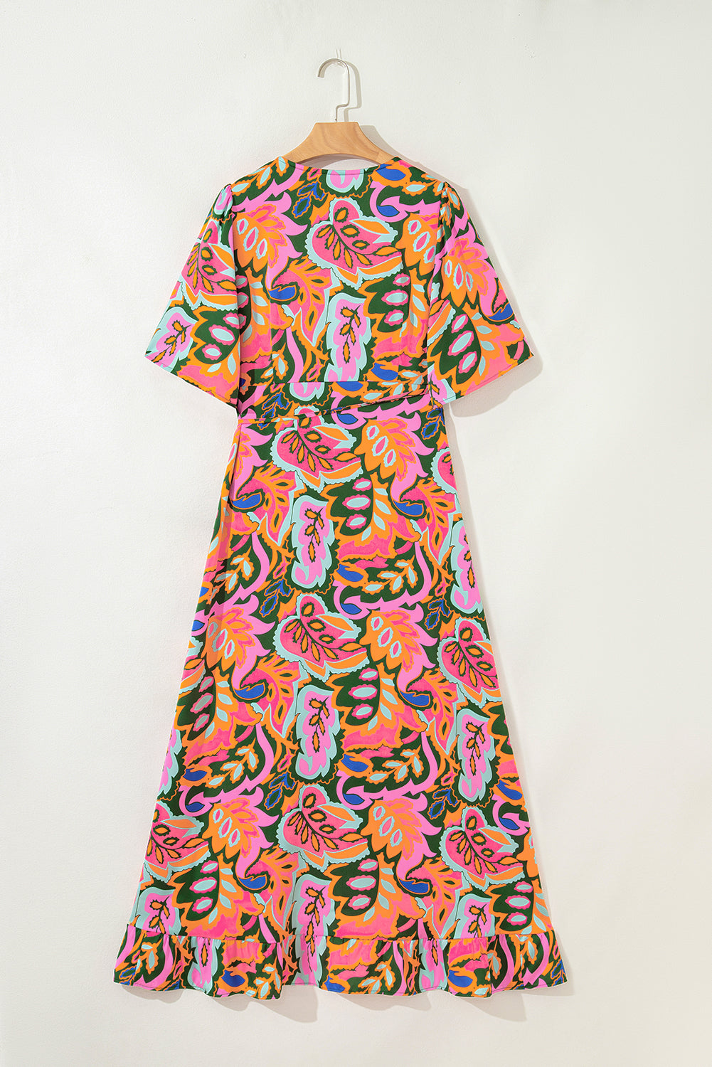 Rose Tropical Plant Print Surplice V Neck Ruffle Hem Maxi Dress