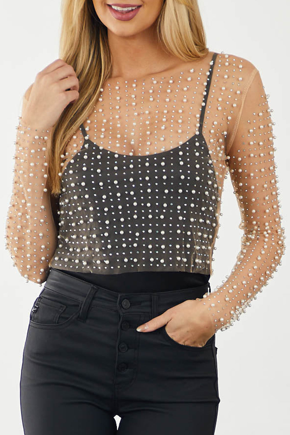 Black Pearl and Rhinestone Decor Sheer Cropped Top without Camisole