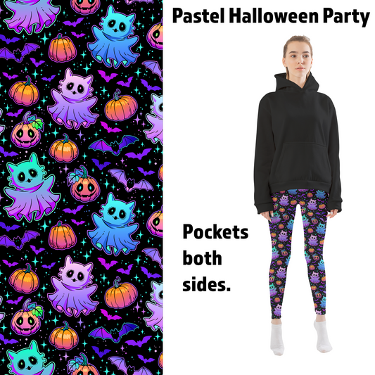 Pastel Halloween Party Cats, GhS-L = OSts, and Bats Leggings with Pockets