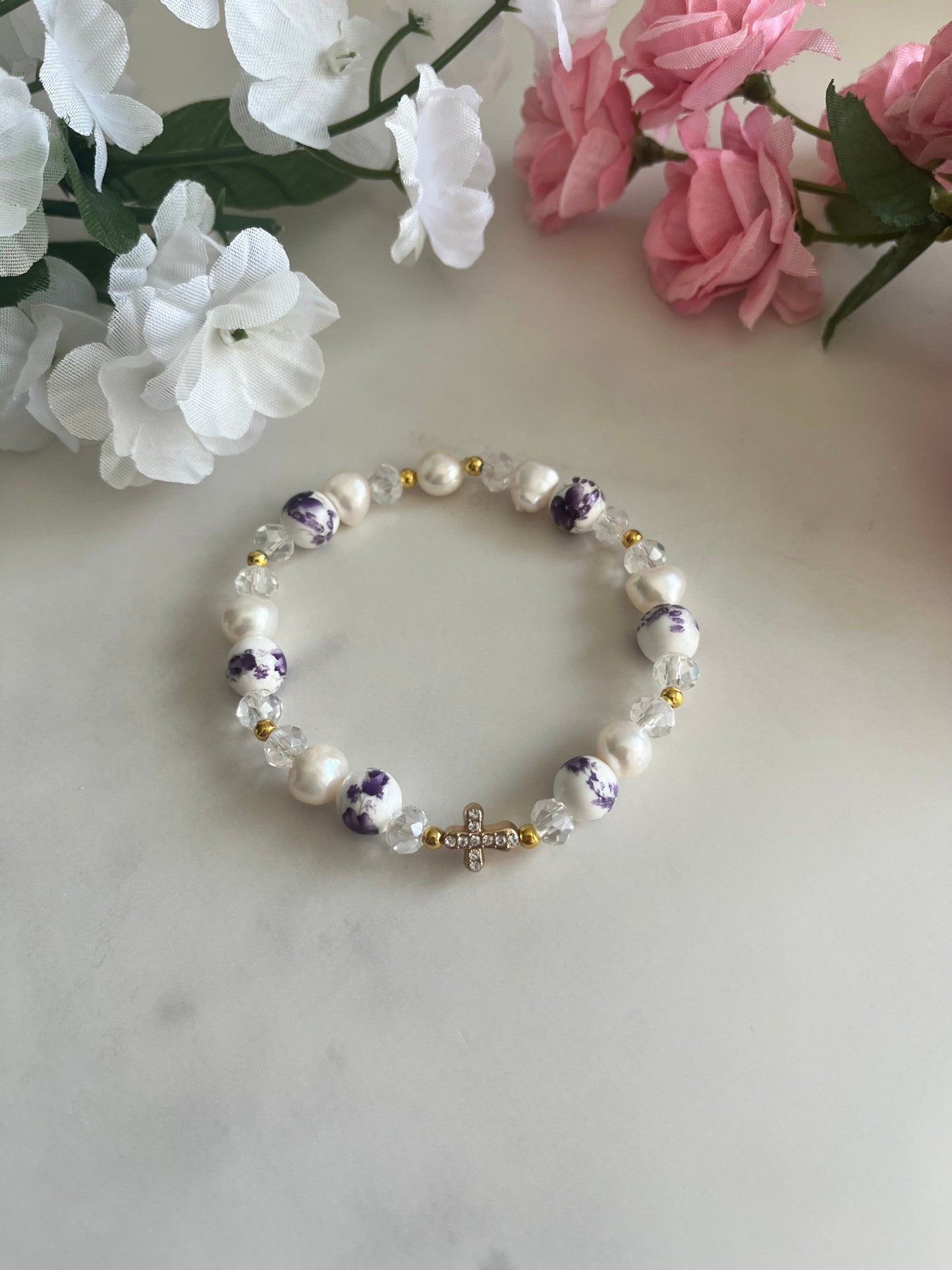Freshwater Pearl Floral Cross Bead Bracelet