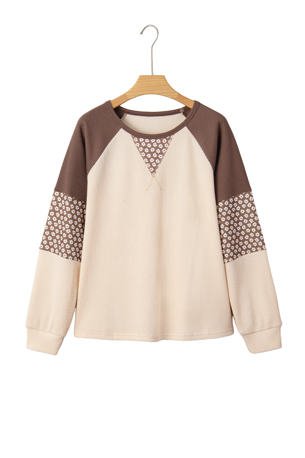 Brown Floral Print Patchwork Colorblock Long Sleeve Top