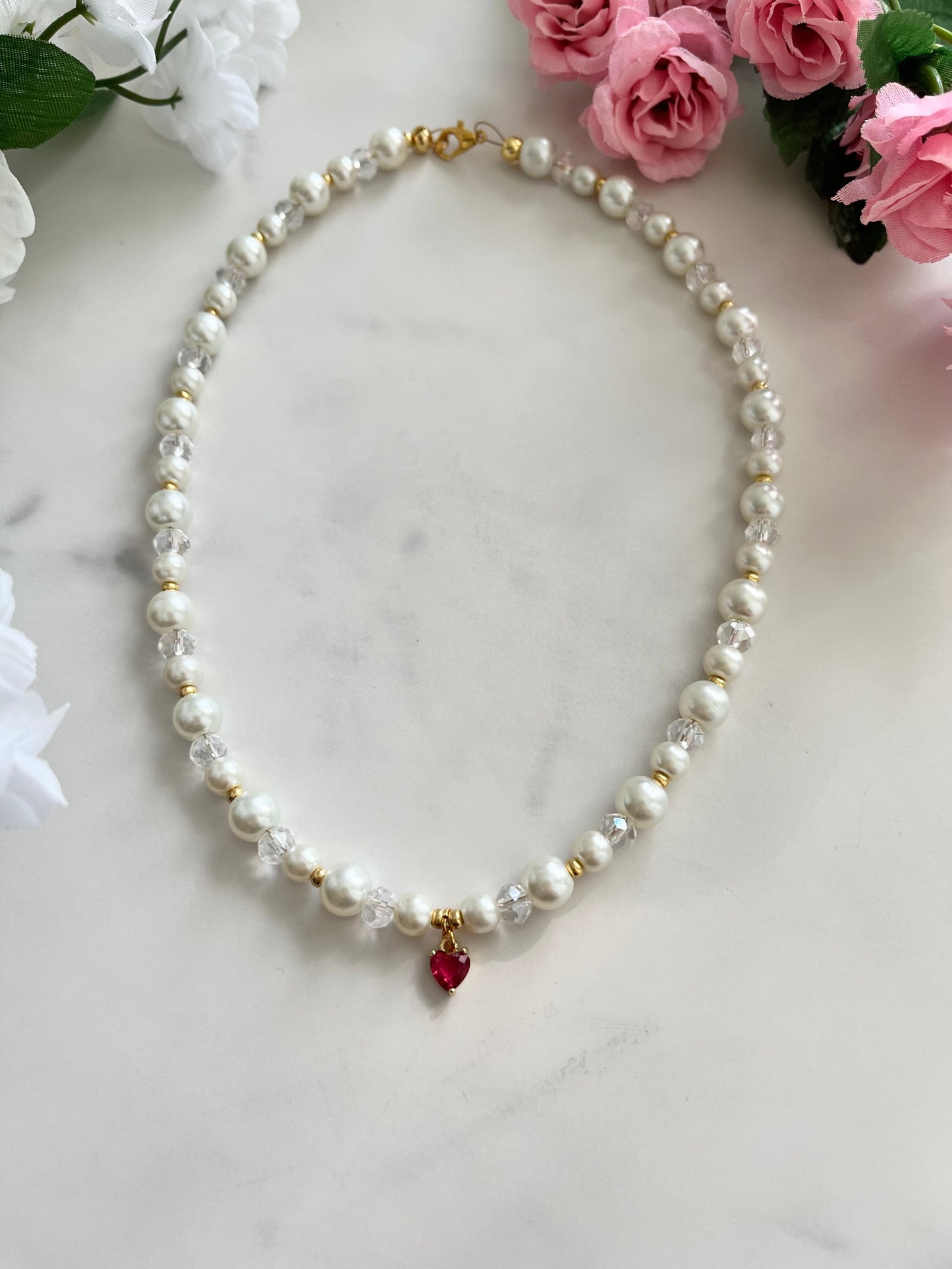 Gold Necklace Pearl Glass Heart Pendant – Christian Jewelry