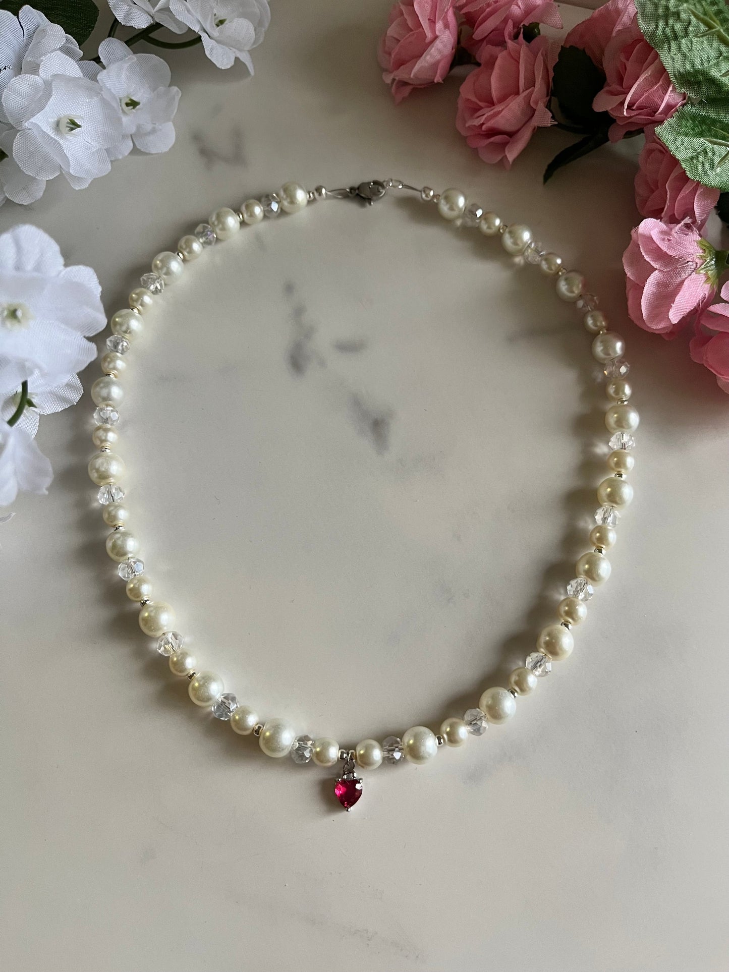 Silver Necklace Heart Pendant Glass & Pearl