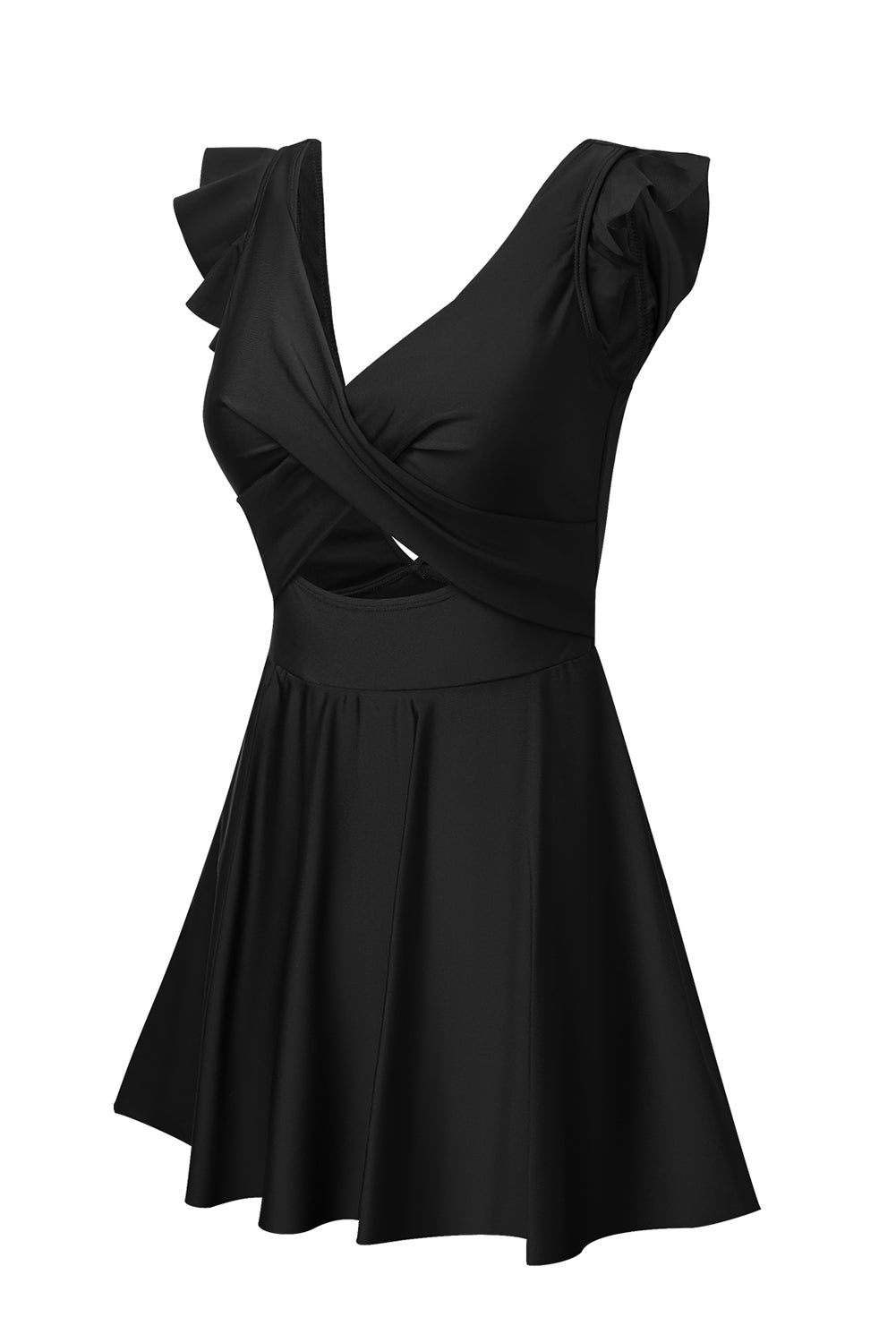 Black Cut Out Ruffle Crossed One Piece Swimdress