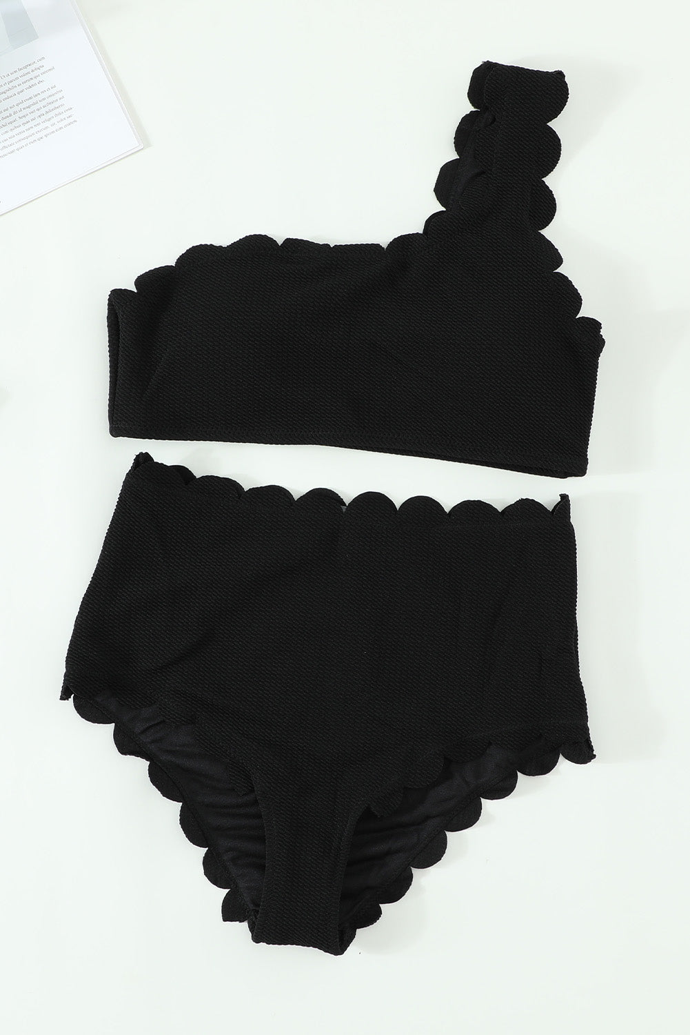 Black Sexy Scalloped Trim Asymmetrical Neck High Waist Bikini Set