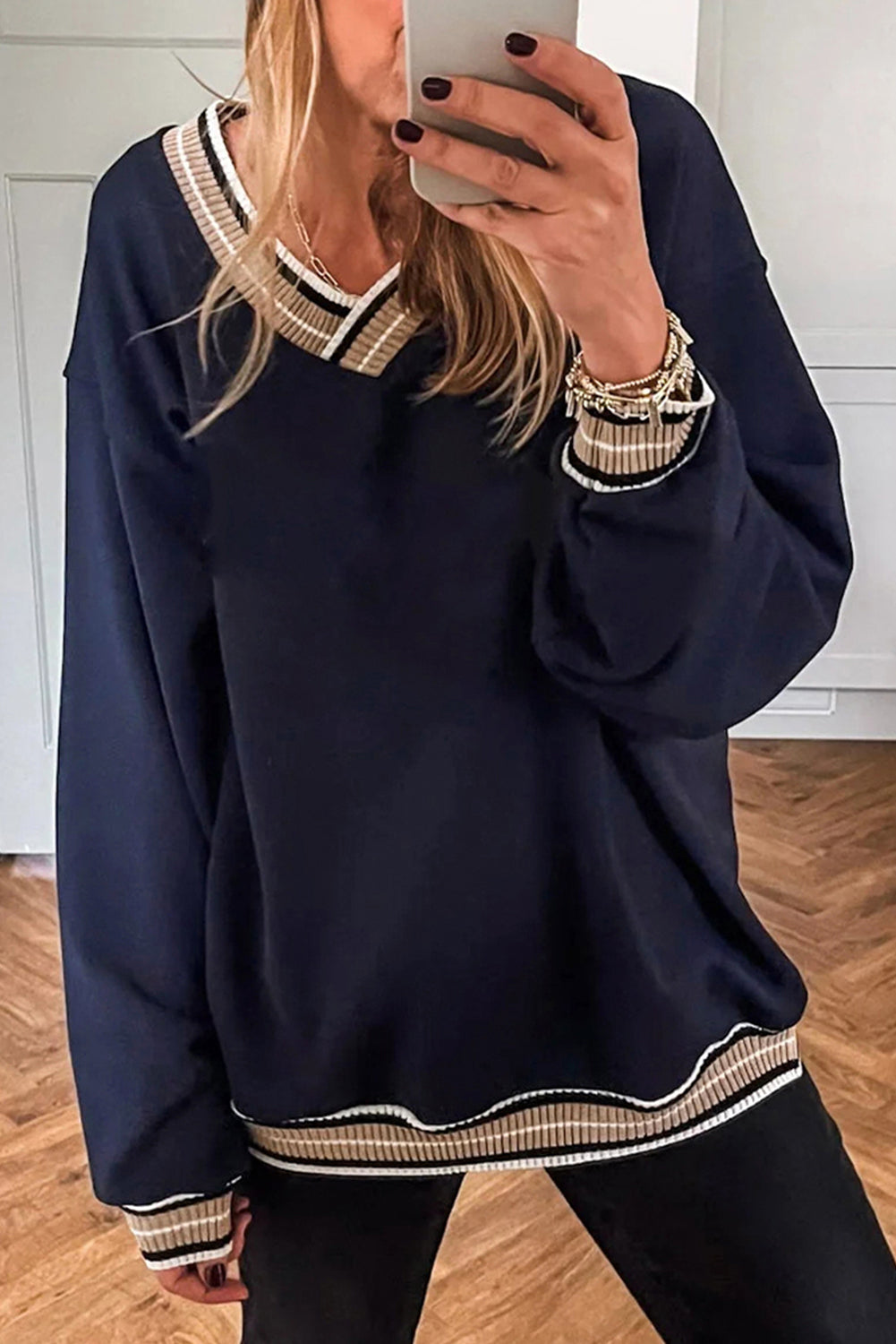 Parchment Varsity Contrast Trim V Neck Sweatshirt