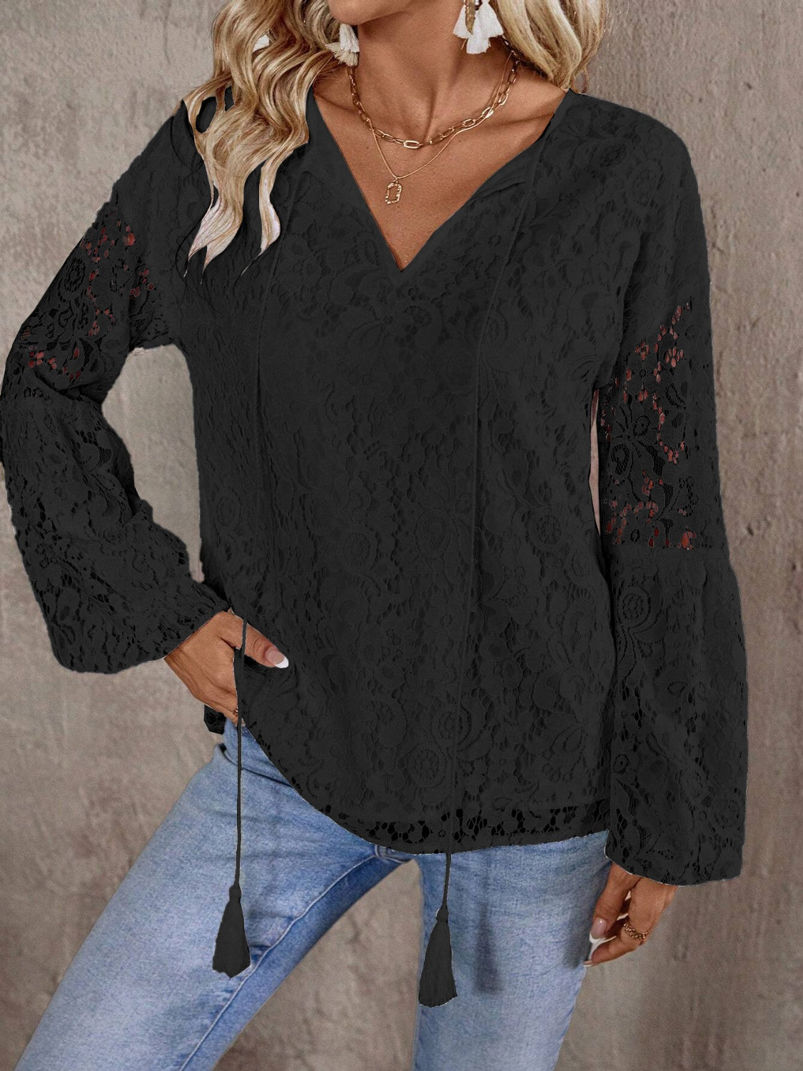 Lace Tie Neck Long Sleeve Blouse