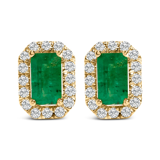 14K Yellow Gold Green Emerald and 1/8 Cttw Diamond Halo Octagonal Shaped Stud Earrings  (I-J Color, I1-I2 Clarity)