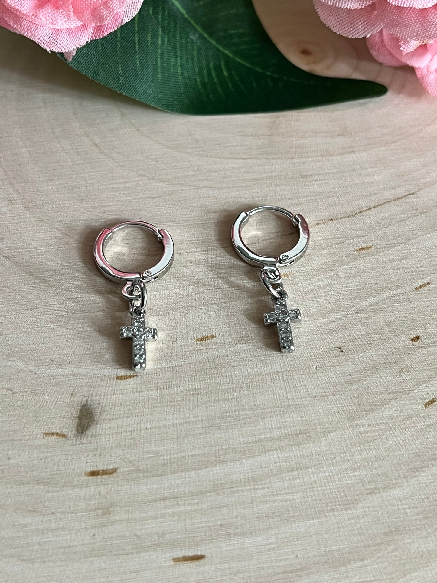 Silver Cross Huggie Earrings