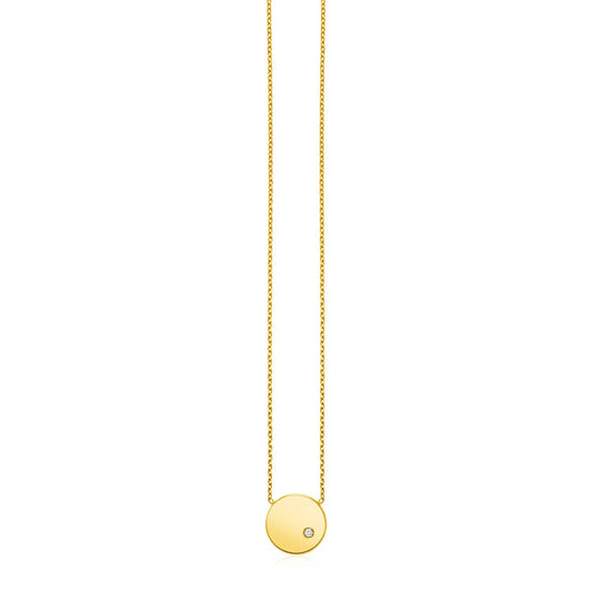 14k Yellow Gold Necklace with Polished Round Pendant with Diamond