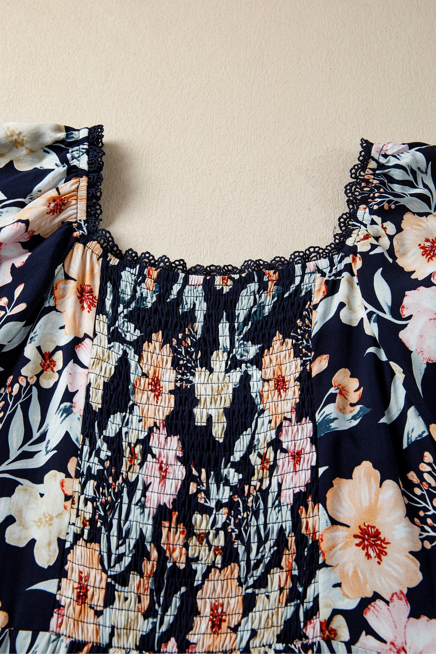 Blue Short Sleeve Smocked Detail High Waist Floral Maxi Dress