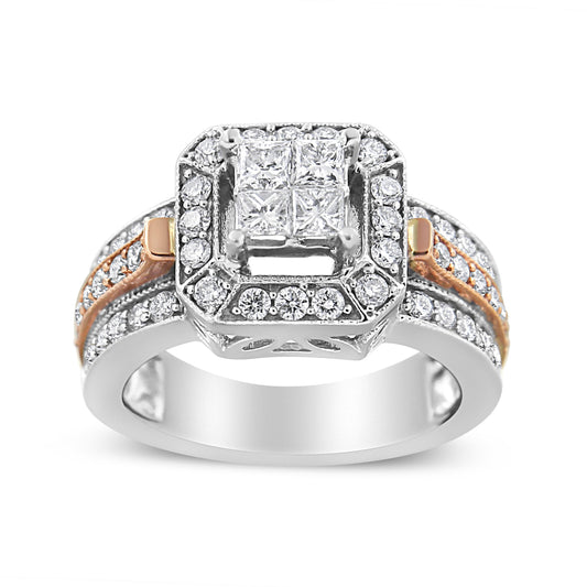 14K White and Rose Gold 1 1/8 Cttw Princess and Round-Cut Diamond Art Deco Style Triple Shank Halo Cocktail Ring (I-J Color, SI2-I1 Clarity) - Size 7