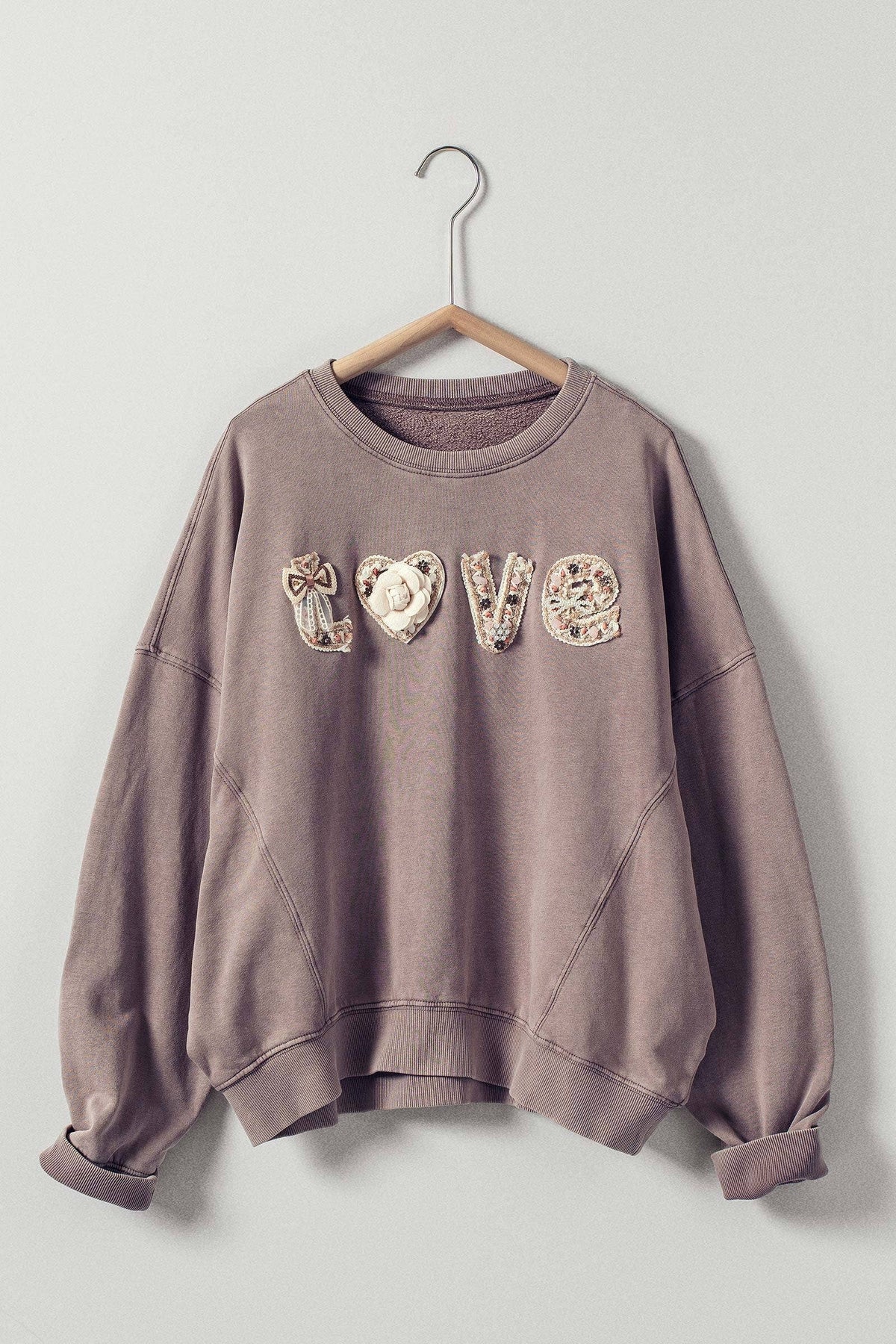Boho "Love" Embellished Mineral Wash Sweatshirt