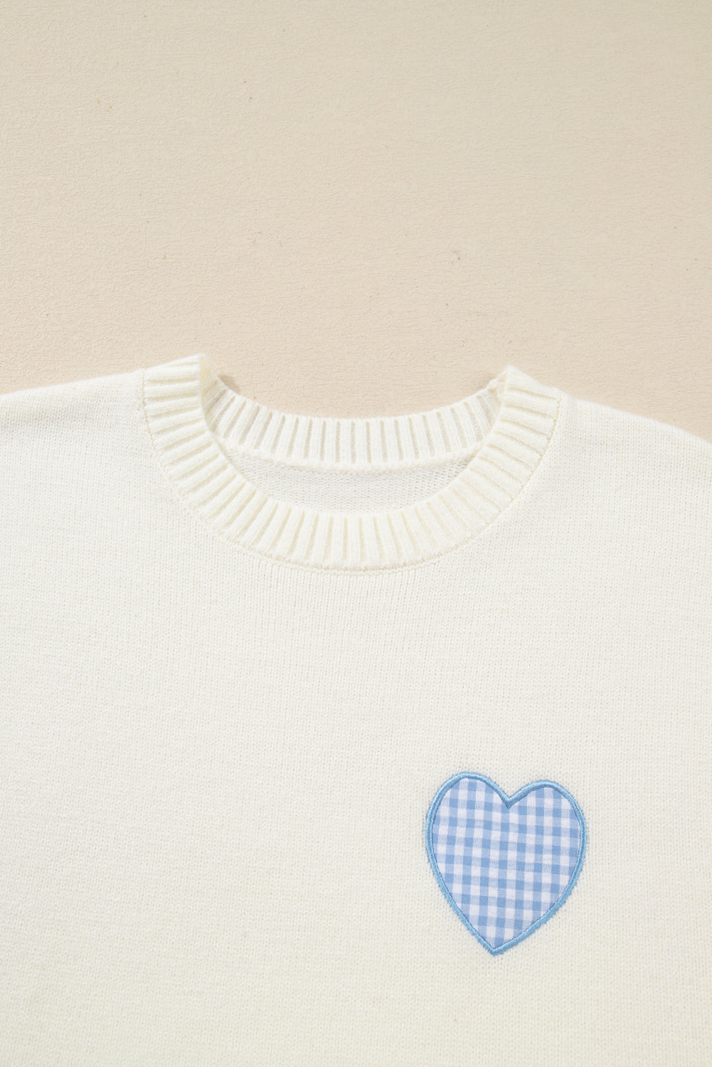 Light Pink Plaid Heart Embroidered Cuffed Drop Shoulder Crew Neck Sweater