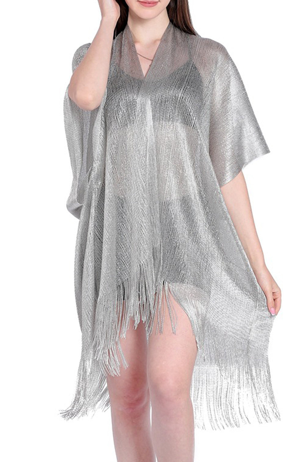 Gold Batwing Sleeve Tasseled Mesh Beach Cover Up