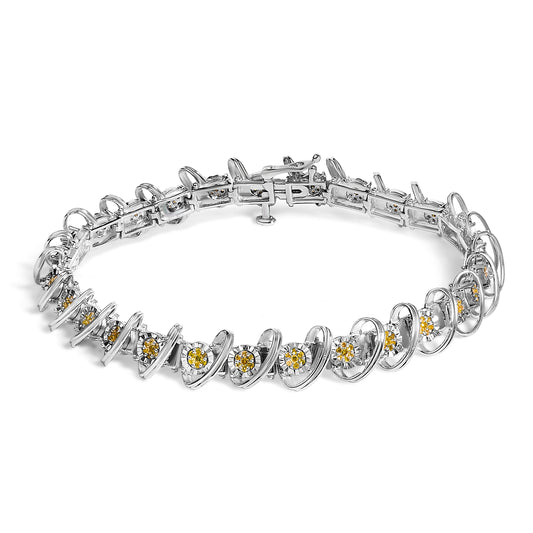 .925 Sterling Silver 3/4 Cttw Yellow Diamond Illusion Plate Looped Link Bracelet