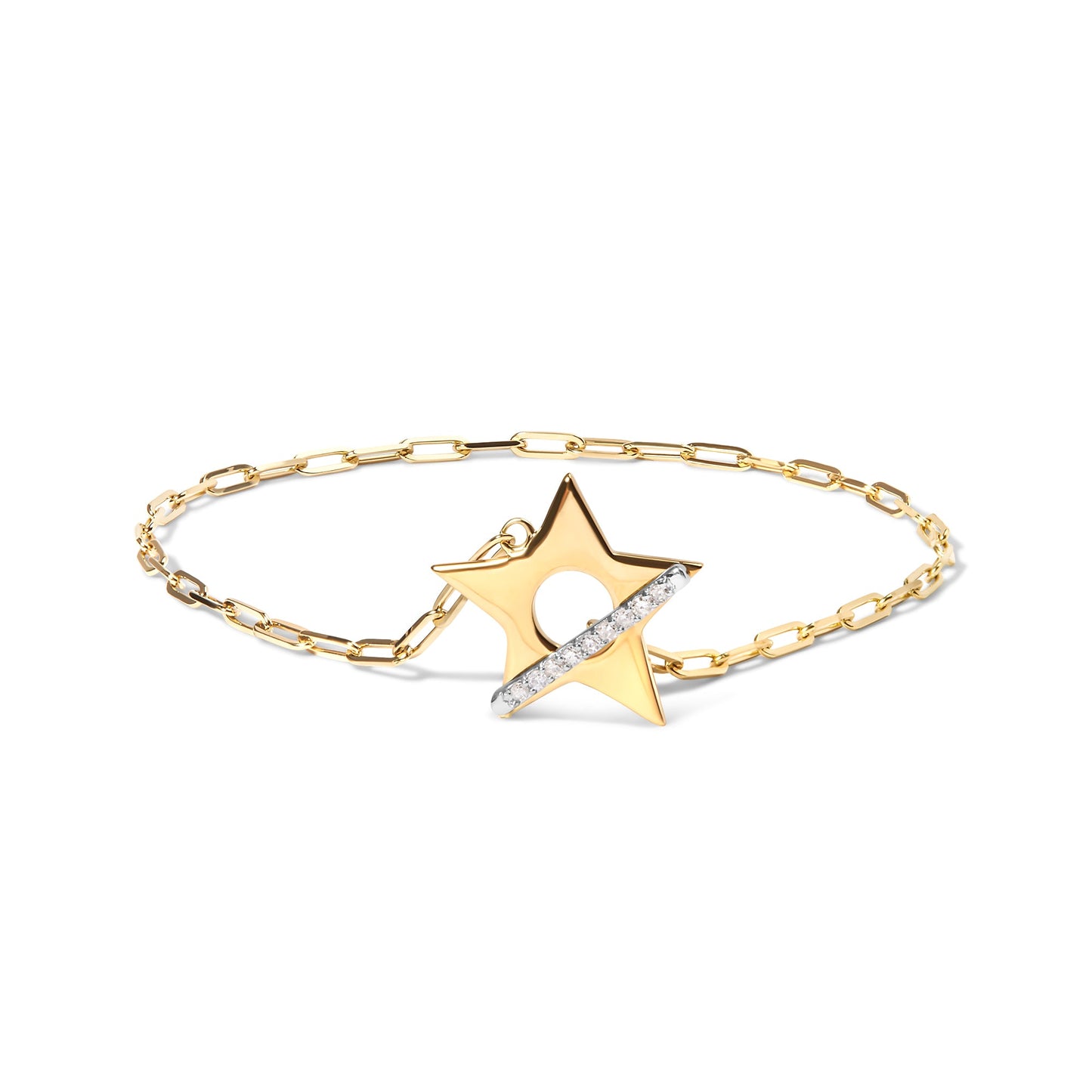 18K Yellow Gold Plated Sterling Silver Diamond Accent Star Charm Paperclip Chain Bracelet