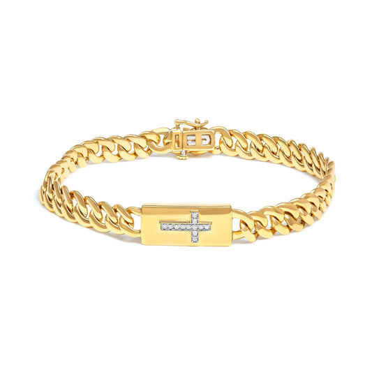 14K Yellow Gold Plated .925 Sterling Silver Diamond Accent Inlaid Cross Cuban Link Bracelet (I-J Color, I3 Clarity)-  7.25"