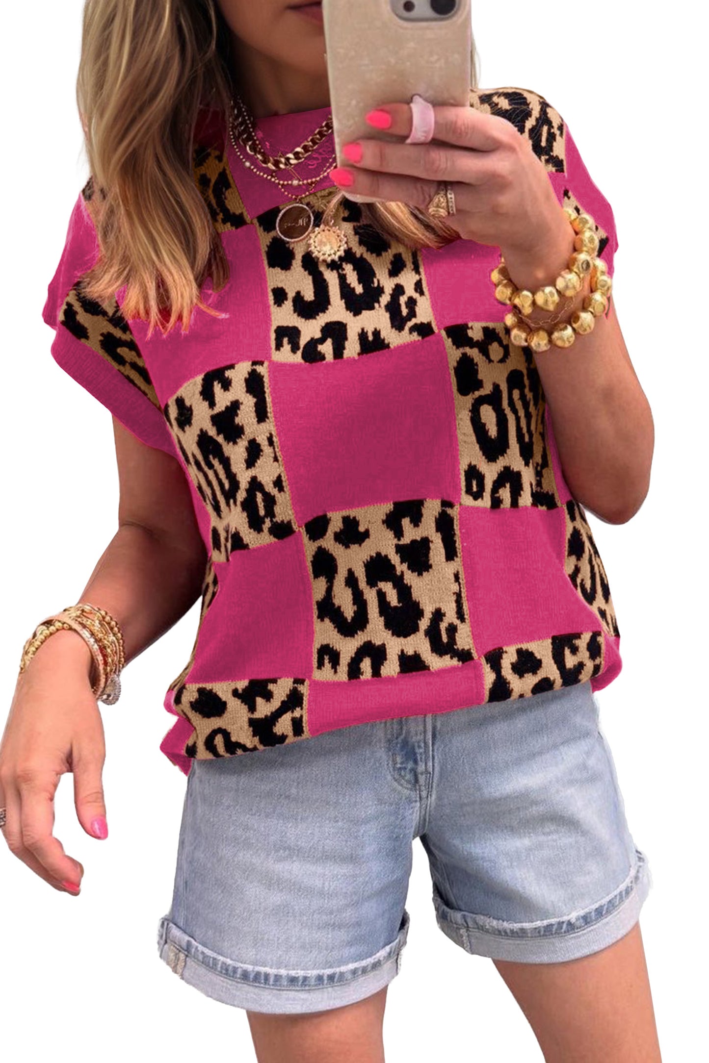 Black Leopard Checkerboard Short Sleeve Knit Sweater