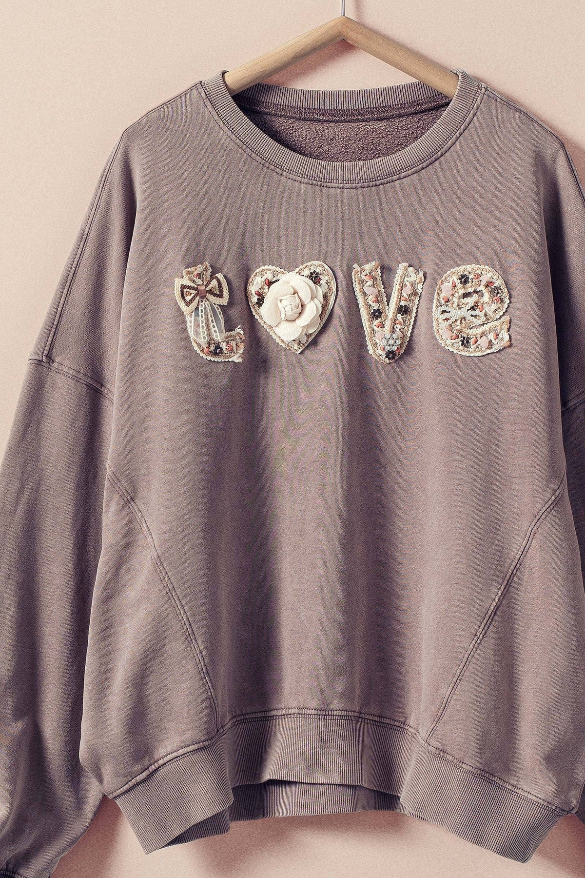 Boho "Love" Embellished Mineral Wash Sweatshirt