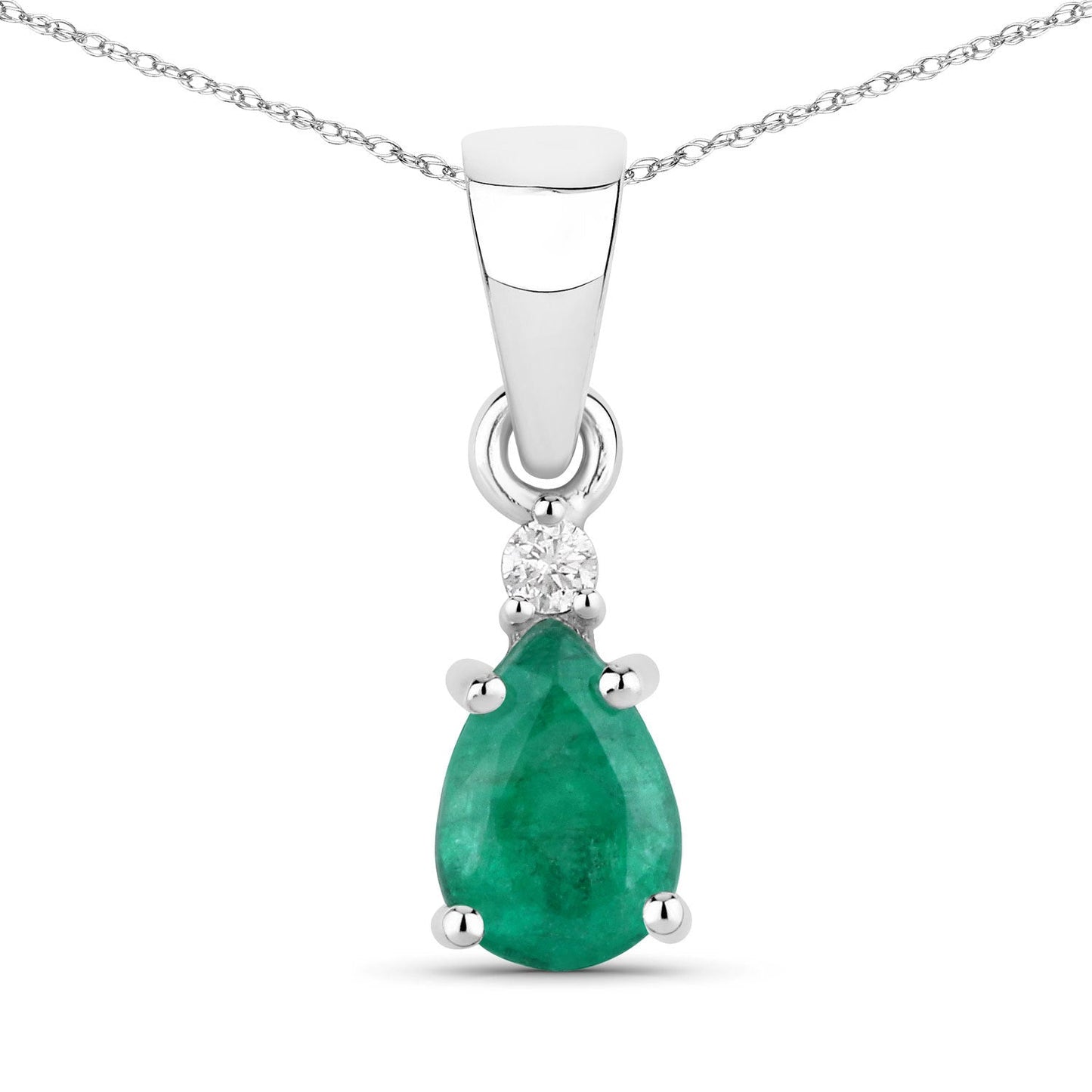 0.68 Carat Genuine Zambian Emerald and White Diamond 14K White Gold Pendant