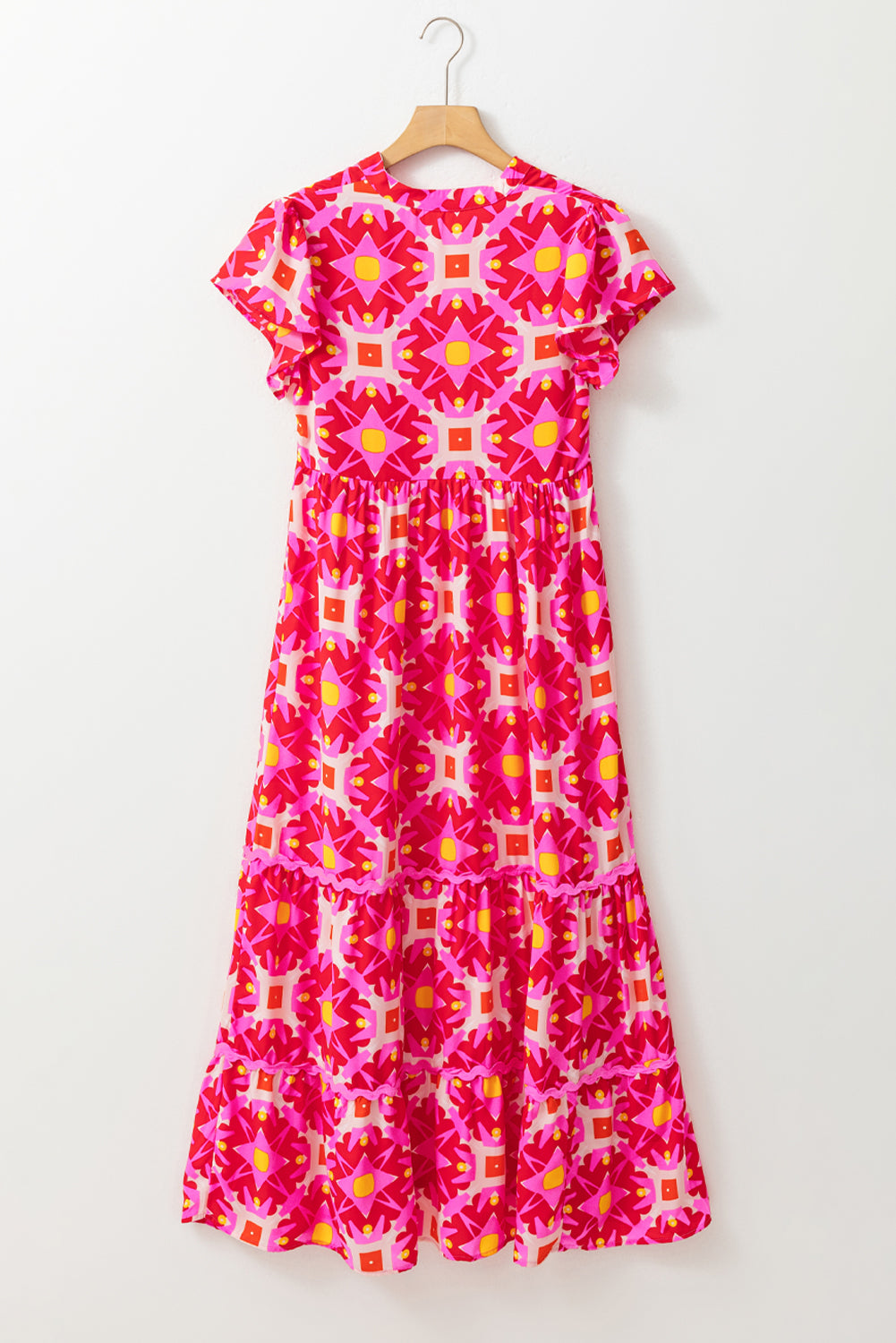 Strawberry Pink Abstract Print Pleated Flounce Sleeve Maxi Dress