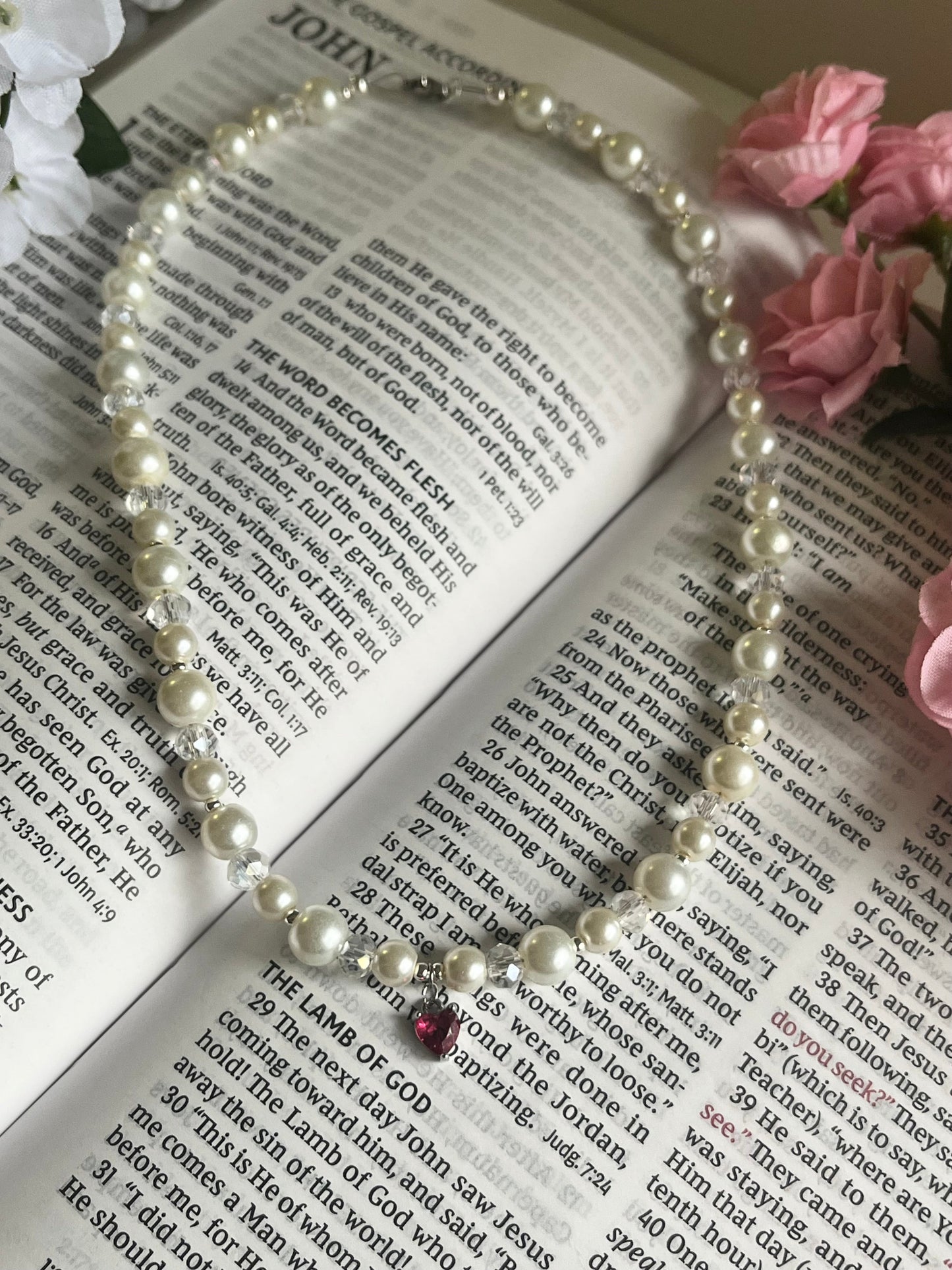 Silver Necklace Heart Pendant Glass & Pearl