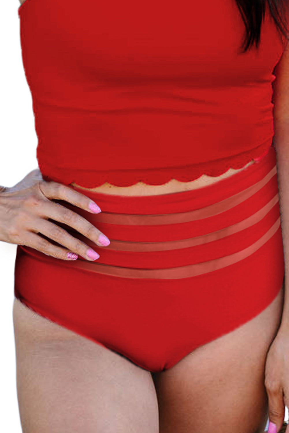 Fiery Red Mesh Striped Splicing High Waist Bikini Bottoms