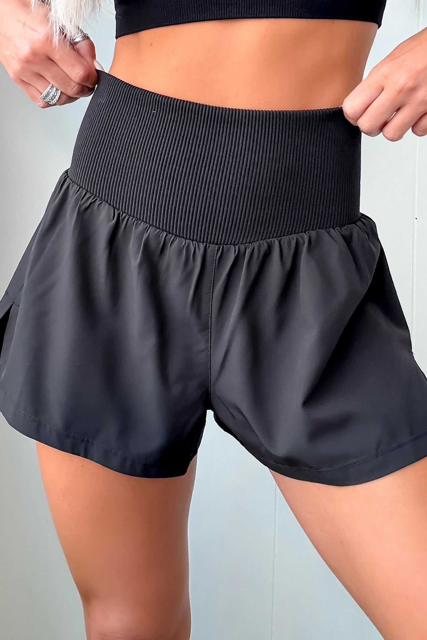 White Solid Color Ribbed Patchwork High Waist Athletic Shorts