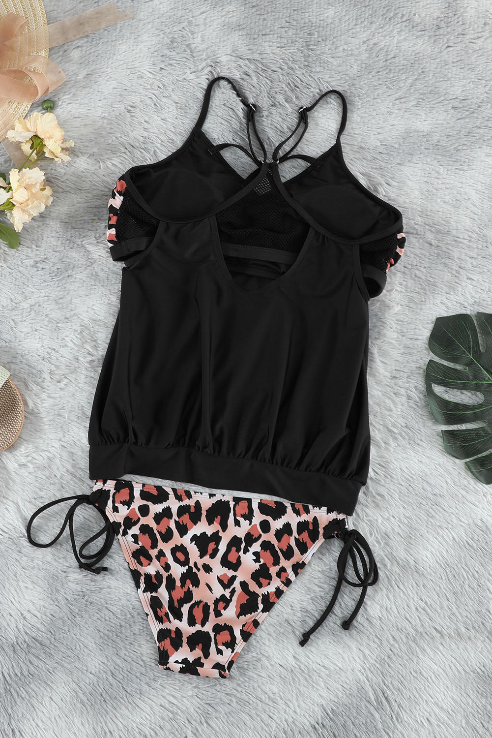 Black Sexy Leopard Spaghetti Blouson Tankini Set