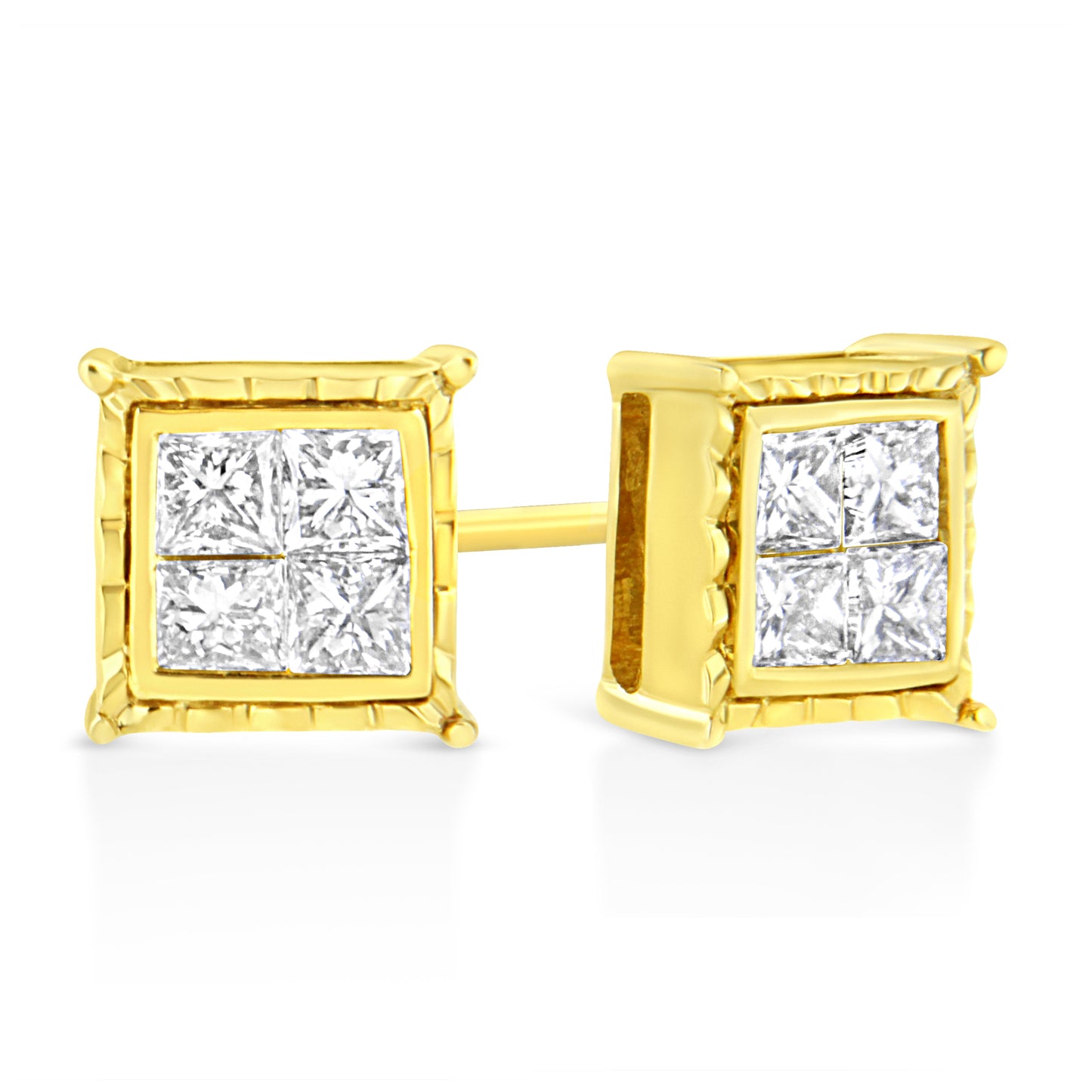 14K Yellow Gold 1.0 Cttw Invisible Set Princess-Cut Diamond Composite 8 Stone Stud Earrings (I-J Color, SI1-SI2 Clarity)