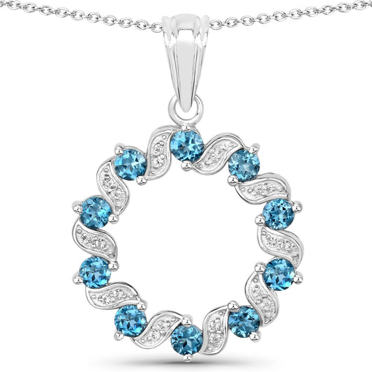 1.50 Carat Genuine London Blue Topaz and White Topaz .925 Sterling Silver Pendant