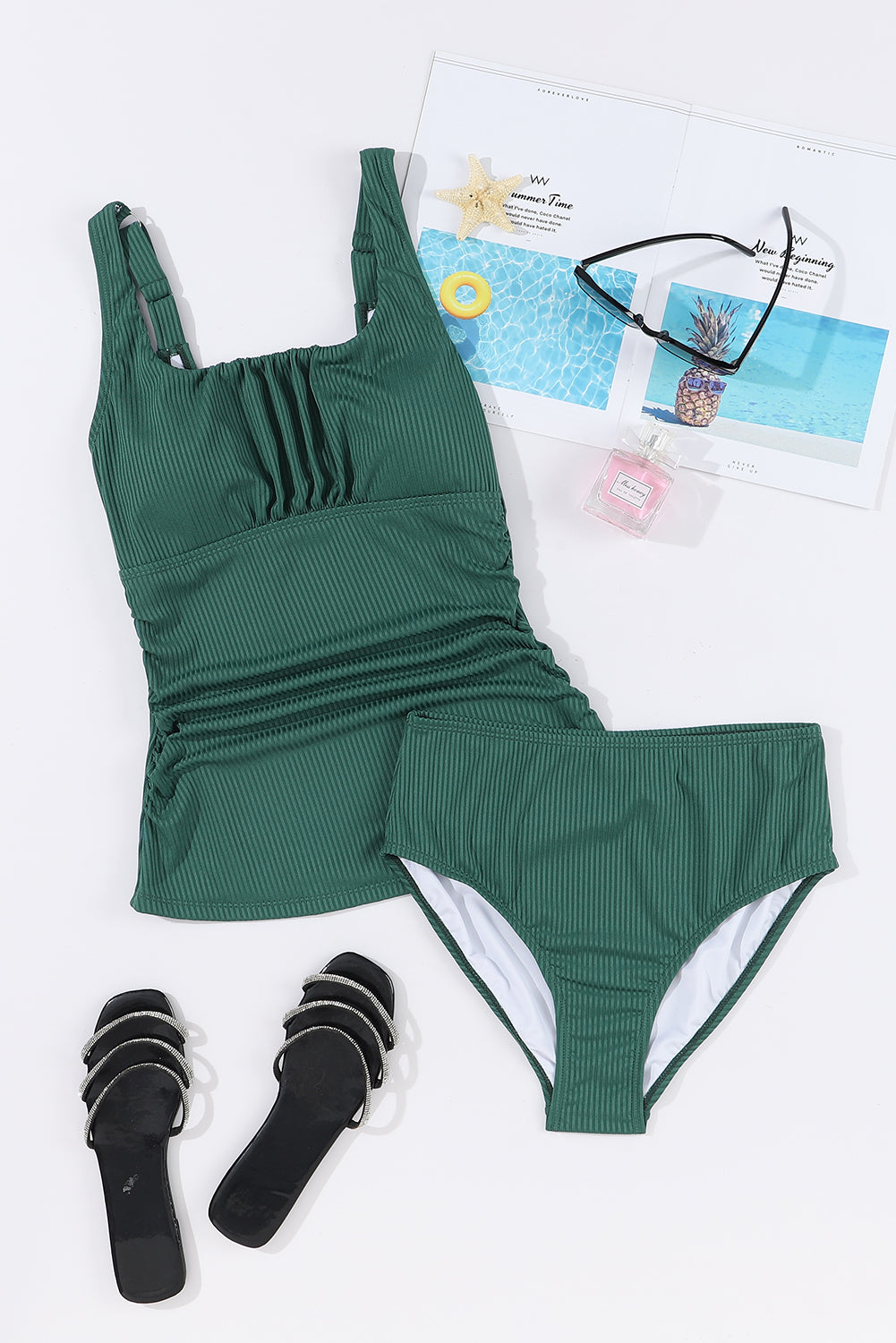 Blackish Green Ruched U Neck Backless Ribbed Tankini Set