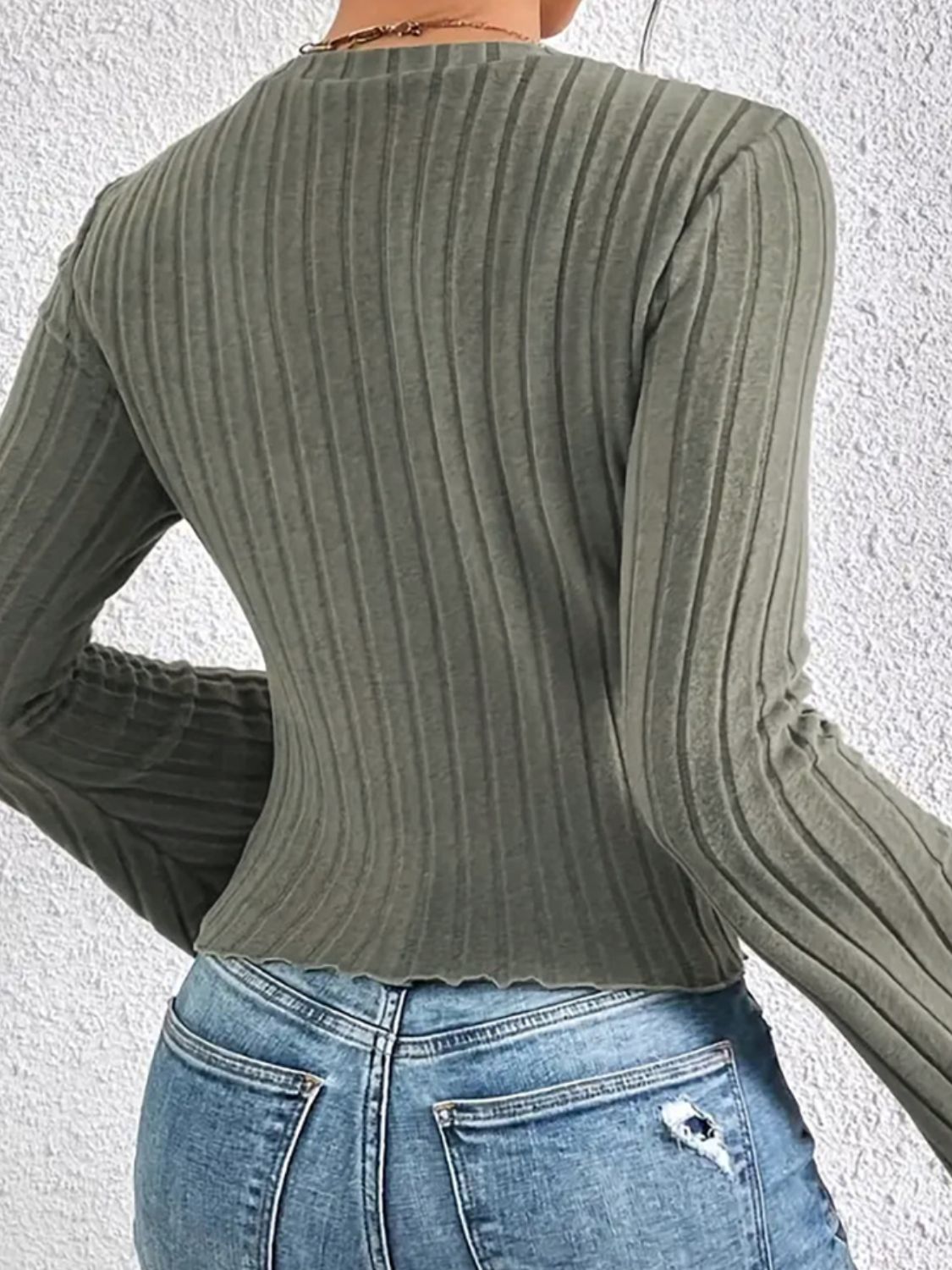 Ribbed Round Neck Flare Sleeve T-Shirt