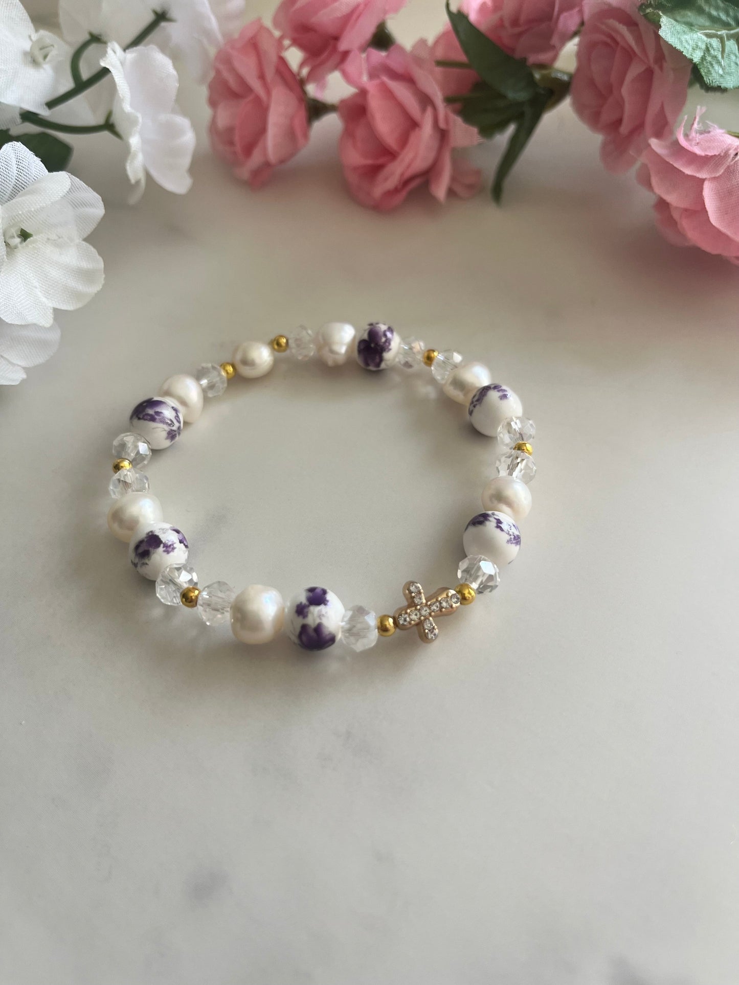 Freshwater Pearl Floral Cross Bead Bracelet